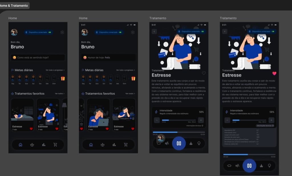 Telas do aplicativo Arcanus mostrando home, metas e tratamento
