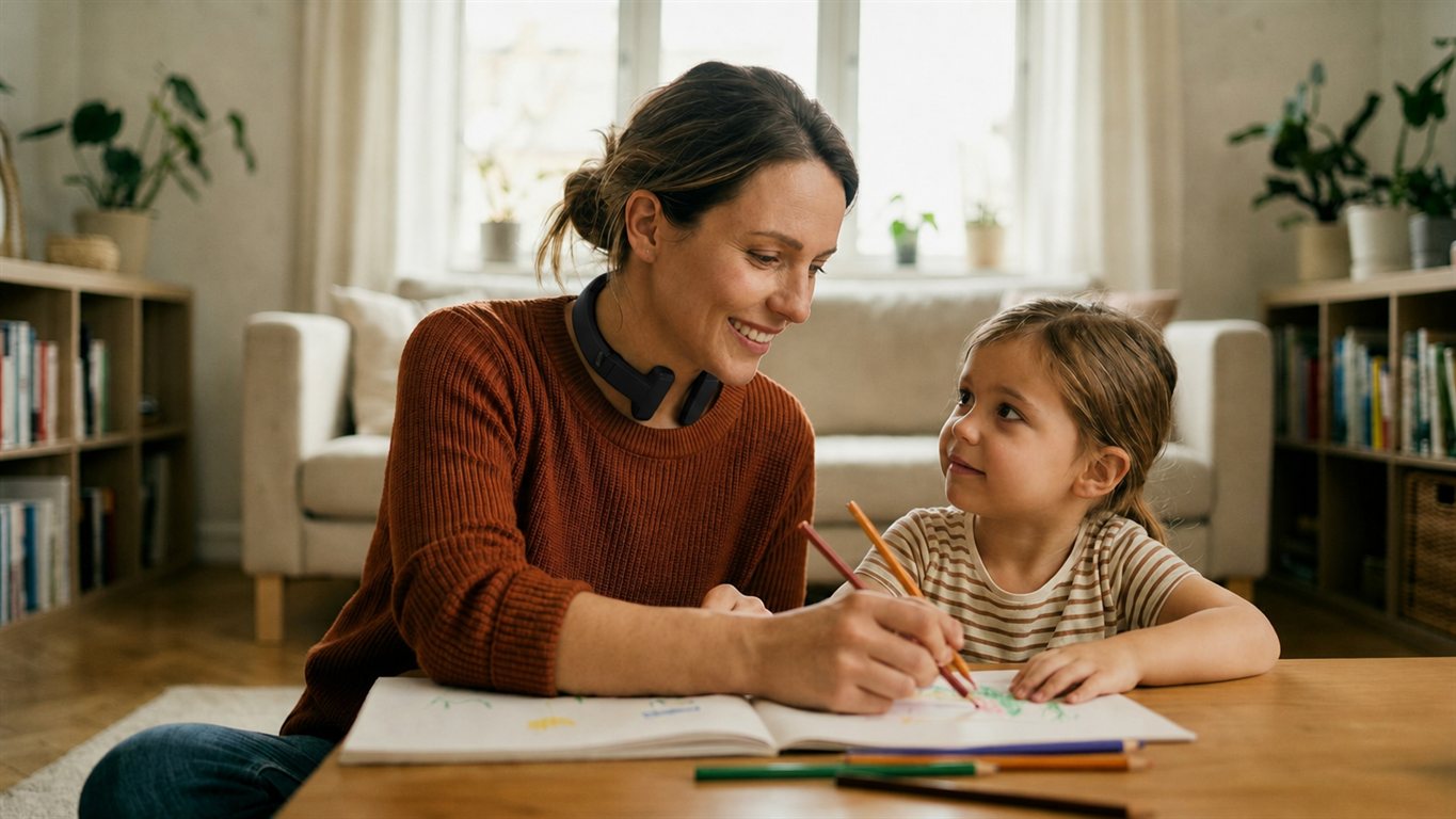 Mãe sorrindo e desenhando com a filha pequena à mesa, usando o Arcanus no pescoço