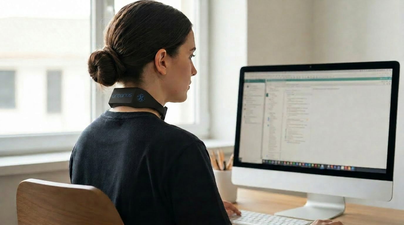 Mulher concentrada trabalhando no computador, usando o Arcanus no pescoço