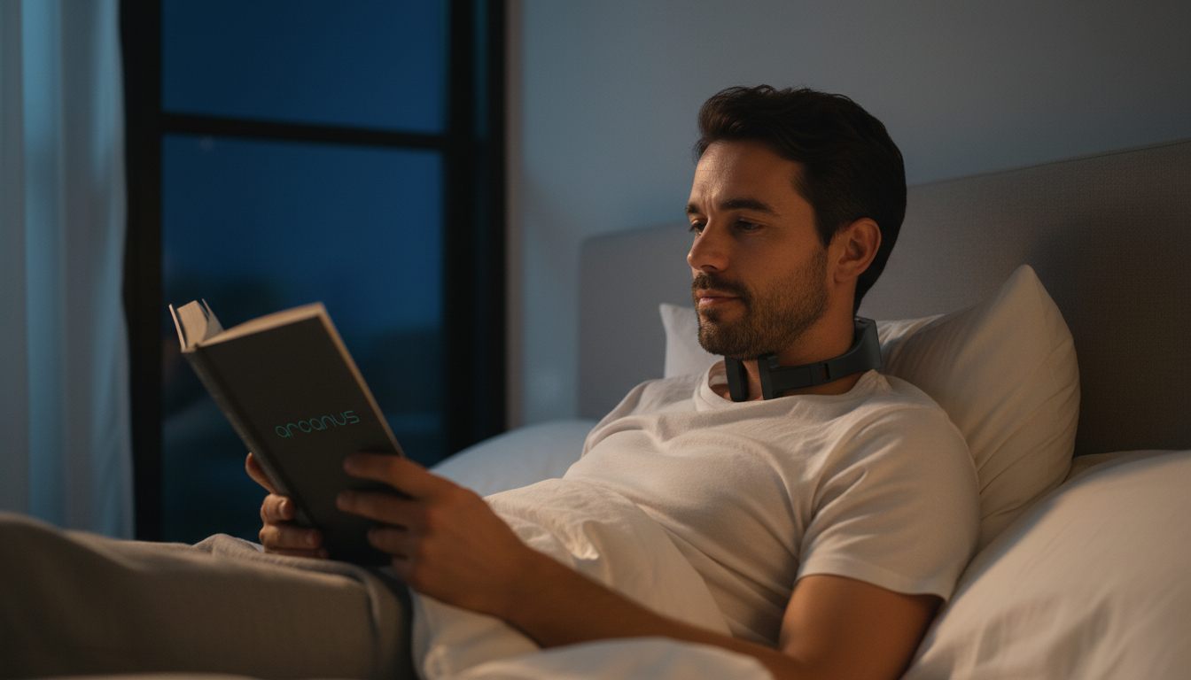 Homem relaxando na cama à noite lendo um livro, usando o Arcanus no pescoço